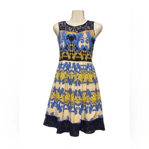 Bicotone Baroque Print Lace Detail Fit and Flare Dress